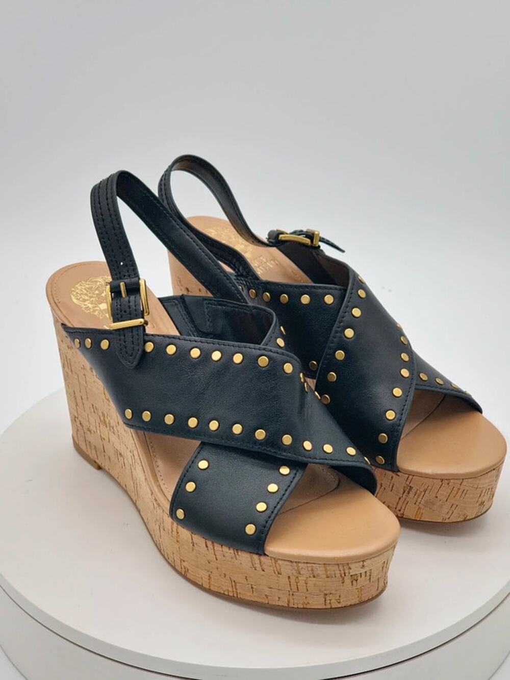 Vince Camuto Ellana Black Leather Studded Cork Wedge Sandals Women’s Size 9M New